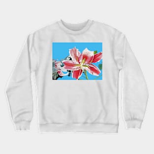 Red Oriental Lily lillies Art Floral Watercolor Painting Blue Crewneck Sweatshirt